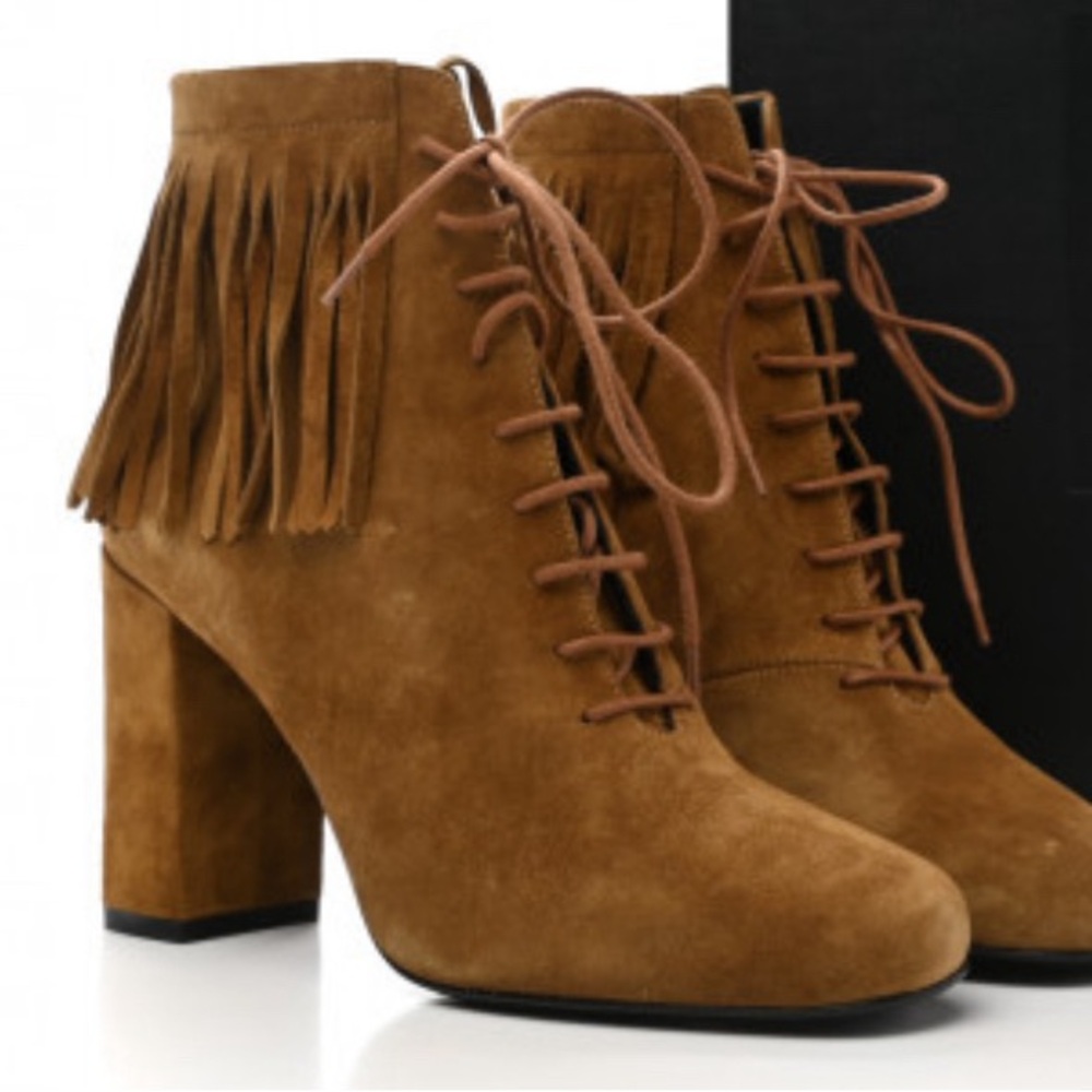 Saint Laurent Brown Suede Fringe Ankle Boots Size 37